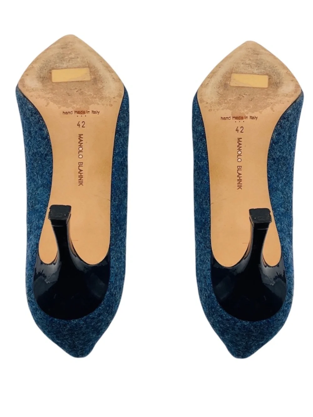 MANOLO BLAHNIK BLUE WOOL TWEED PUMPS WITH NAVY PATENT LEATHER POINTED CAP TOE